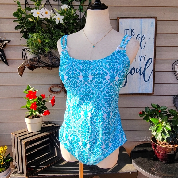 CATALINA ♡ Gorgeous 1pc Aqua Blue 'n White Padded Bralette Swimsuit L (12-14) - Picture 9 of 17